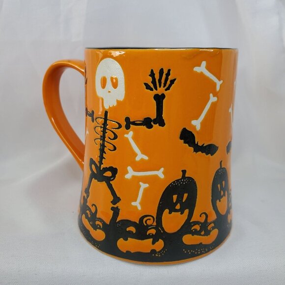 Halloween Mug Orange Skeleton Funny Bones And Spooky Pumpkins Coffee Cup - Picture 8 of 10